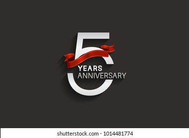 5 years anniversary design with silver color and red ribbon isolated on black background for celebration event