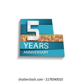 5 years anniversary design silver color with blue color background and golden leaf. for use celebration event