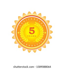 5 Years anniversary Golden badge logo. Vector illustration for your emblem design