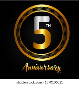 5 years anniversary golden and silver color with circle ring isolated on black background for anniversary celebration event