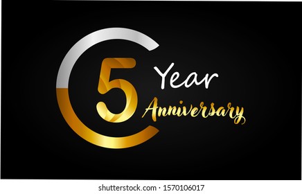5 years anniversary golden and silver color with circle ring isolated on black background for anniversary celebration event