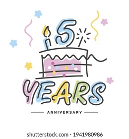 5 Years Anniversary handwritten typography lettering Greeting card with colorful big cake, sparkle firework, number, candle and confetti