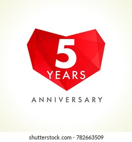 5 years anniversary heart logo. Template emblem of 5th years celebration in facet heart shape. Vector illustration
