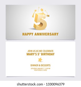 5 years anniversary invitation card vector illustration. Design template element with elegant 3D letters for 5th birthday party invite 