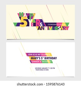 5 years anniversary invitation card vector illustration. Design template element with bright signs and body copy for 5th birthday party invite