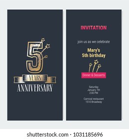 5 years anniversary invitation to celebration event vector illustration. Design with gold  number and bodycopy for 5th birthday card, party invite 