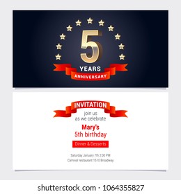 5 years anniversary invitation to celebration vector illustration. Graphic design element with golden number for 5th birthday card, party invite 