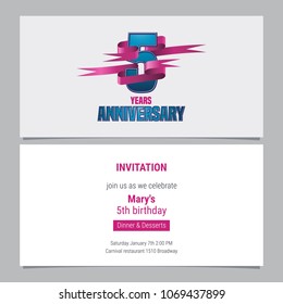 5 years anniversary invitation to celebration vector illustration. Design element with text for 5th birthday card, party invite