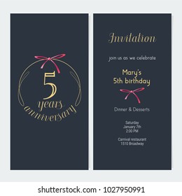 5 years anniversary invitation vector illustration. Graphic design template with golden number for 5th anniversary party or dinner invite 