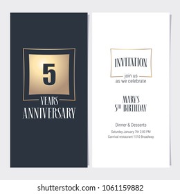 5 years anniversary invitation vector illustration. Graphic design template with golden element for 5th anniversary party or dinner invite 