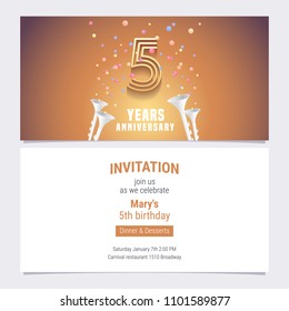 5 years anniversary invitation vector illustration. Graphic design element with golden number and confetti for 5th birthday card, party invite 