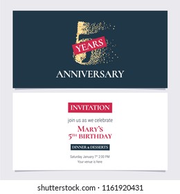 5 years anniversary invitation vector illustration. Design template with golden number for 5th anniversary party or dinner invite with body copy 