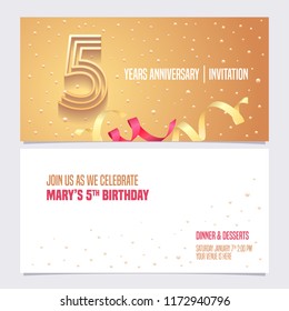 5 years anniversary invitation vector illustration. Design element with golden abstract background for 5th birthday card, party invite 