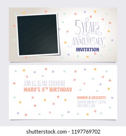 5 years anniversary invitation vector illustration. Design template with photo frame collage for 5th anniversary party  invite 