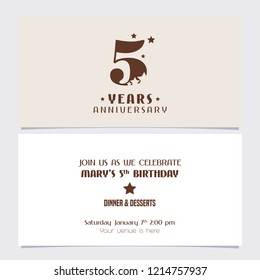 5 years anniversary invitation vector illustration. Design template element with elegant background for 5th birthday card, party invite 