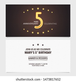 5 years anniversary invitation vector illustration. Design template element with abstract background for 5th birthday card, party invite 
