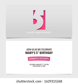 5 years anniversary invitation vector illustration. Design template element with modern style background for 5th birthday party invite