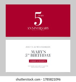 5 Jahre Jubiläum Einladung Vektorgrafik. Doppelseitige Grafikdesign-Vorlage für die Einladung zur 5. Jubiläumsfeier