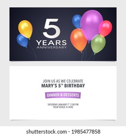 5 years anniversary invitation vector illustration. Design template element with hot air balloons background for 5th marriage, wedding or birthday card, party invite