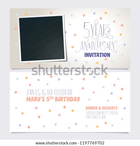 5 years anniversary invitation vector illustration. Design template with photo frame collage for 5th anniversary party  invite 