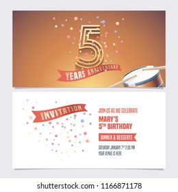 5 years anniversary invite vector illustration. Design element for 5th birthday card, party invitation with festive background 