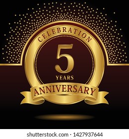 5 years anniversary logo celebration with ring and ribbon, on dark background, vector template.