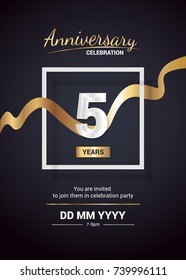 5 Years Anniversary Logo Celebration and Invitation Card with gold ribbon Isolated on Dark  Background