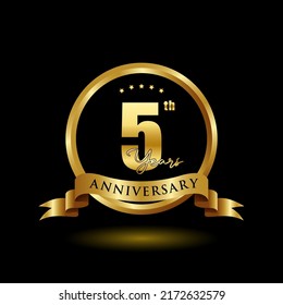 5 years anniversary logo with golden ring and ribbon for booklet, leaflet, magazine, brochure poster, banner, web, invitation or greeting card. Vector illustrations.