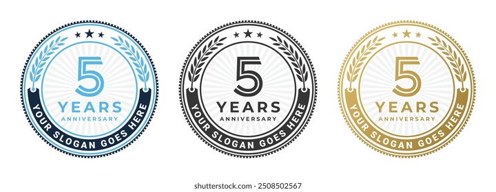 5 years anniversary logo with laurel wreath circle emblem vector design set isolated