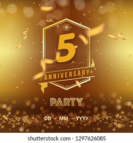 5 years anniversary logo template on gold background. 5th celebrating golden numbers with gold ribbon vector and confetti isolated design elements