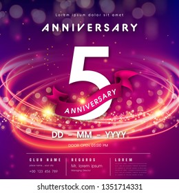 5 years anniversary logo template on purple Abstract futuristic space background. 5th modern technology design celebrating numbers with Hi-tech network digital technology concept design elements.
