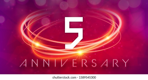 5 years anniversary logo template on purple Abstract futuristic space background. 5th modern technology design celebrating numbers with Hi-tech network digital technology concept design elements.