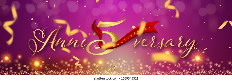 5 years anniversary logo template on gold and purple background. 5th celebrating golden numbers with red ribbon vector and confetti isolated design elements