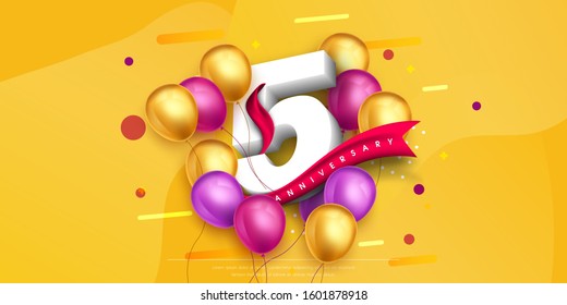 5 years anniversary logo template design on yellow background and balloons. 5th anniversary celebration background with red ribbon and balloons. Party poster or brochure template. Vector illustration.