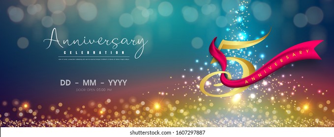 5 years anniversary logo template on gold and blue background. 5th celebrating golden numbers with red ribbon vector and confetti isolated design elements