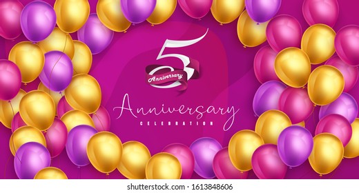 5 years anniversary logo template design on pink background and balloons. 5th anniversary celebration background with pink ribbon and balloons. Party poster or brochure template. Vector illustration.