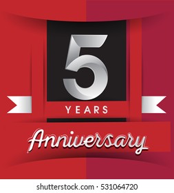 5 years anniversary logo with white ribbon isolated on red background, flat design style, Vector template elements for birthday celebration.