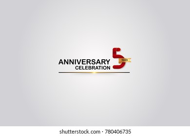 5 Years Anniversary Logotype with Elegant Red Color and Golden Ribbon Isolated on White Background
