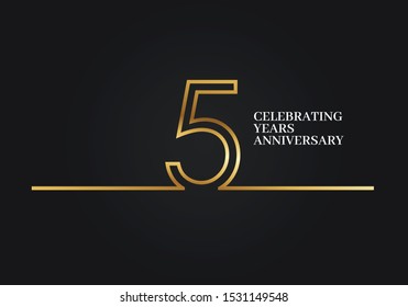 5 Years Anniversary logotype with golden colored font numbers made of one connected line, isolated on black background for company celebration event, birthday - Vector
