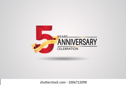 5 years anniversary logotype with red color and golden ribbon isolated on white background for celebration event