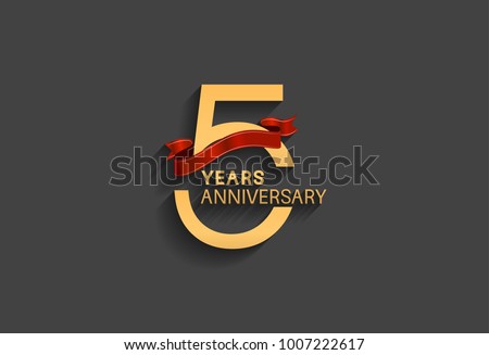5 years anniversary logotype with red ribbon and golden color for celebration event