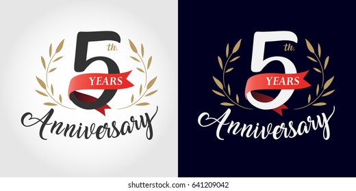 5 years anniversary number hand lettering and golden laurel wreath. Handmade calligraphy, Vintage style