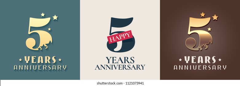 5 years anniversary set of vector icon, symbol, logo. Graphic design elements for 5th anniversary birthday card 