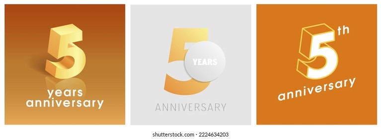 5 years anniversary set of  vector graphic icons, logos. Design elements with golden number on background for 5th anniversary