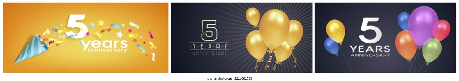 5 años de juego de iconos vectoriales, logotipo. Antecedentes gráficos o tarjetas para la celebración del quinto aniversario
