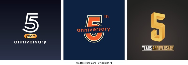 5 years anniversary set of  vector graphic icons, logos. Design elements with golden number on background for 5th anniversary