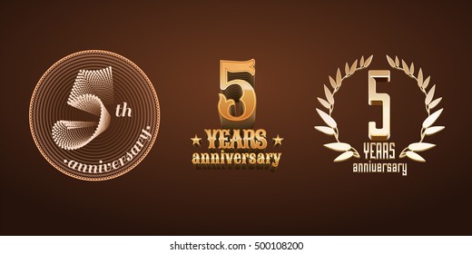 5 years anniversary set of vector logo, icon, number. 5th birthday, marriage or graduation anniversary, jubilee decoration design elements, signs, emblem, symbol, badge in gold