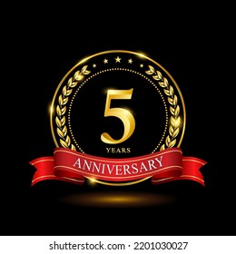 5 Years Anniversary template design, with shiny ring and red ribbon, laurel wreath isolated on black background, logo vector