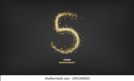 5 years anniversary vector design. Black golden background with number five gold sparkler light festive decoration, web, gift card or print banner layout template