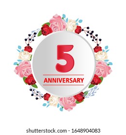 5 Years anniversary. Vector design greeting card with decorative floral circle for celebration